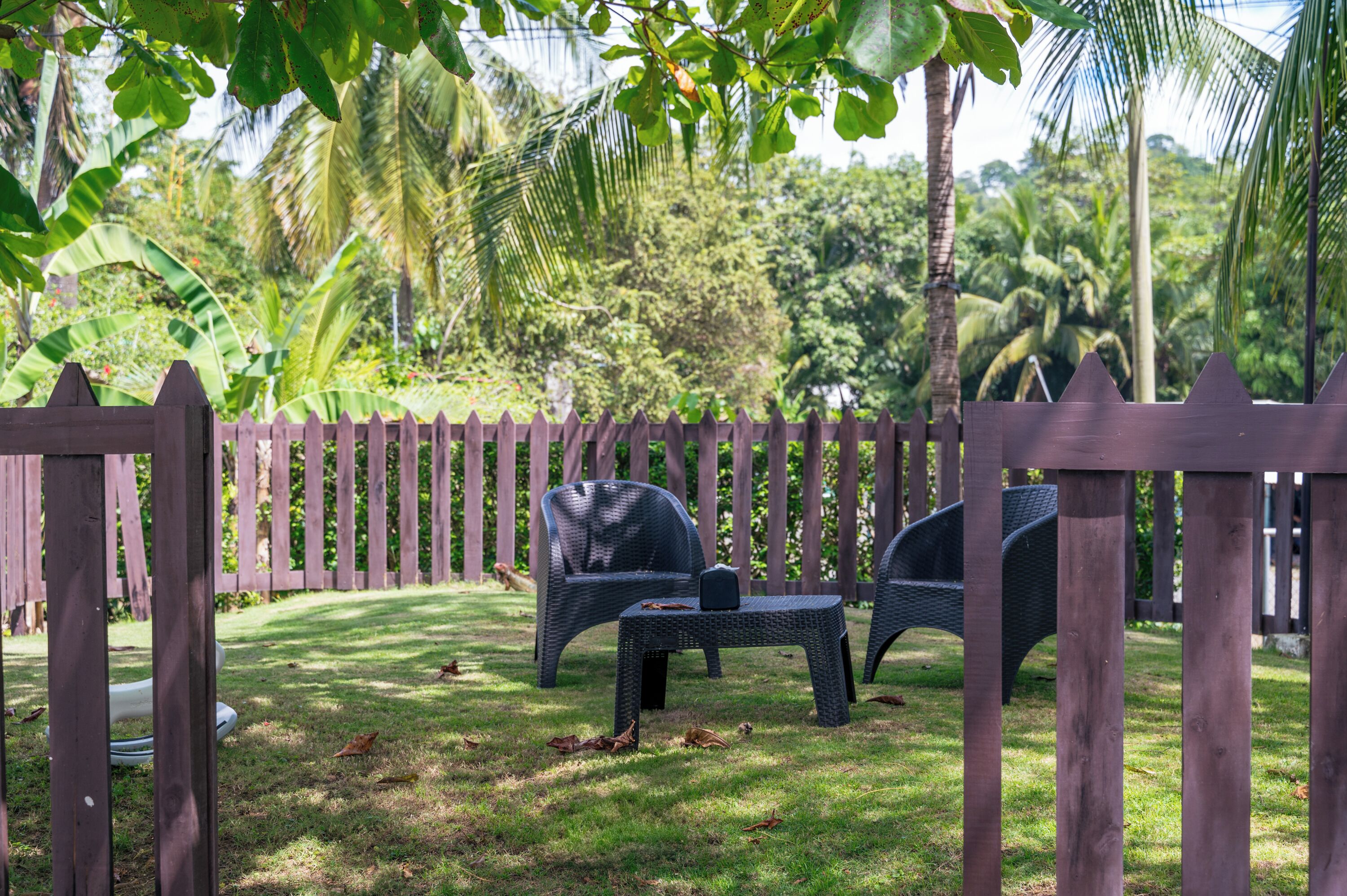 A wooden fence, two wicker chairs, and a small table in a lush garden with palm trees.