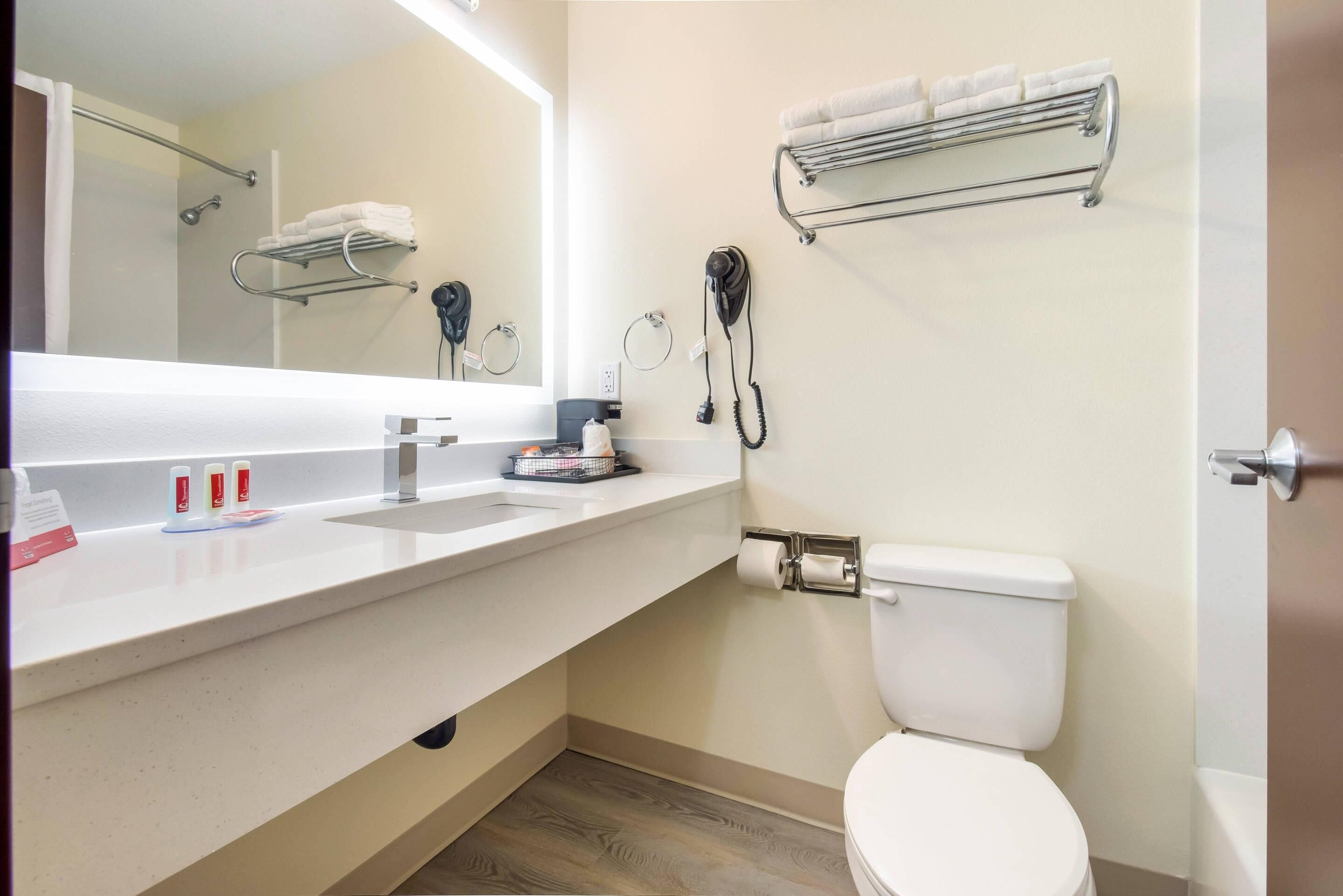 A bathroom with a white sink, a toilet, a towel rack, and a hairdryer.