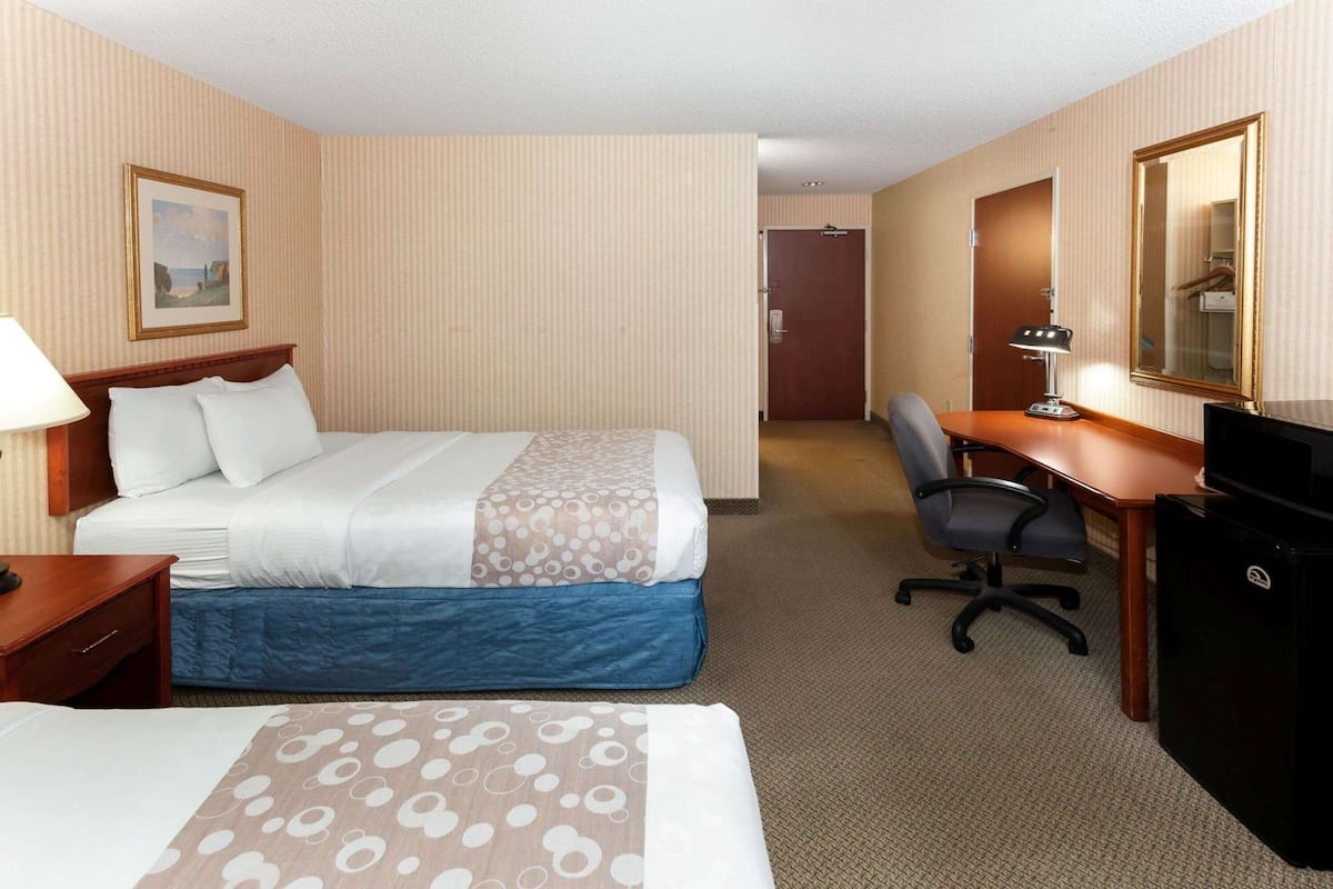 A hotel room with two beds, a desk, a chair, a TV, and a mirror.