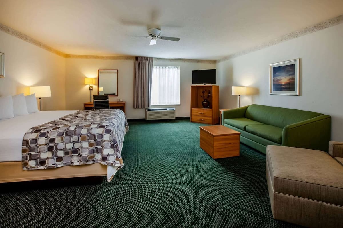 A hotel room with a bed, a green sofa, a wooden nightstand, a small table, a ceiling fan, a window with curtains, and a painting on the wall.