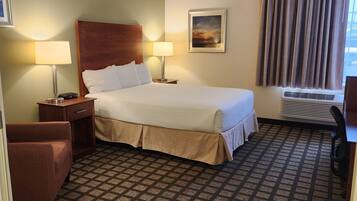 Habitación de hotel con cama, dos lámparas de noche, mesita de noche, una silla, un cuadro, ventana con cortinas y alfombra estampada.