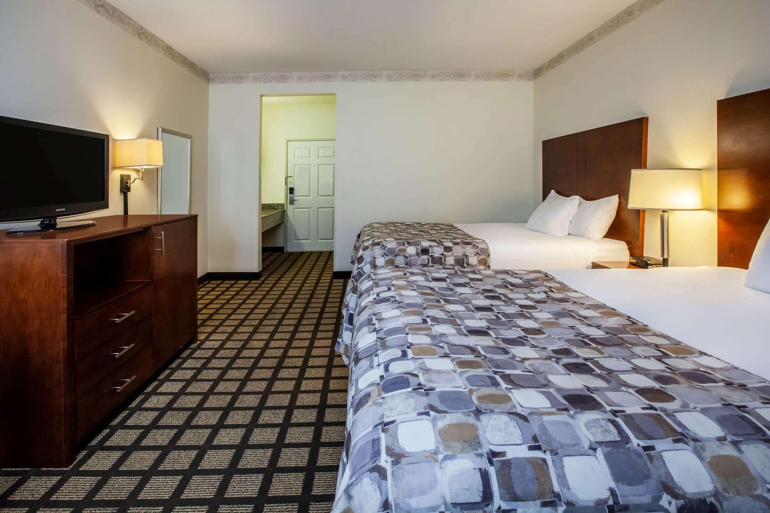 A hotel room with a television, a wooden dresser, a patterned bedspread, and a nightstand with a lamp.