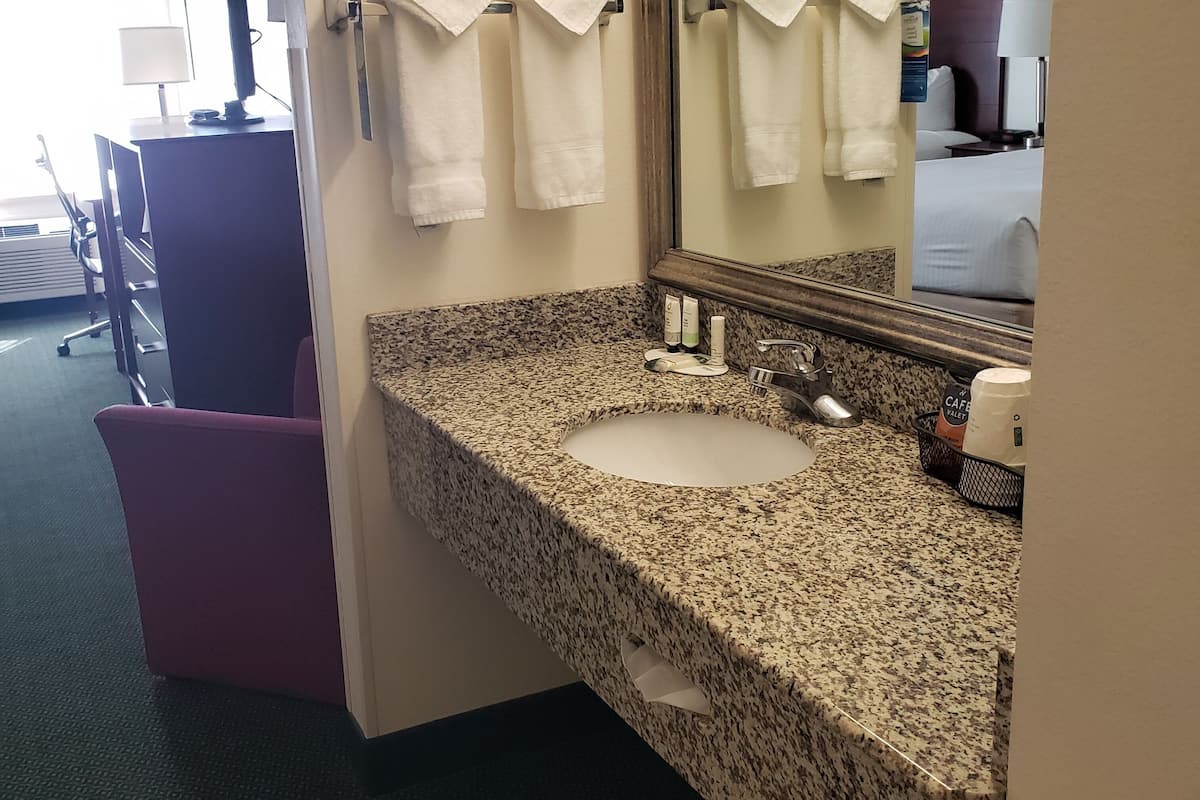 combined shower/bathtub, free toiletries, hair dryer, towels