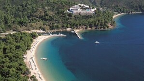 An aerial view of a coastal area with a beach, a pier, and a hotel complex. - Skiathos Palace Hotel (Skiathos)
