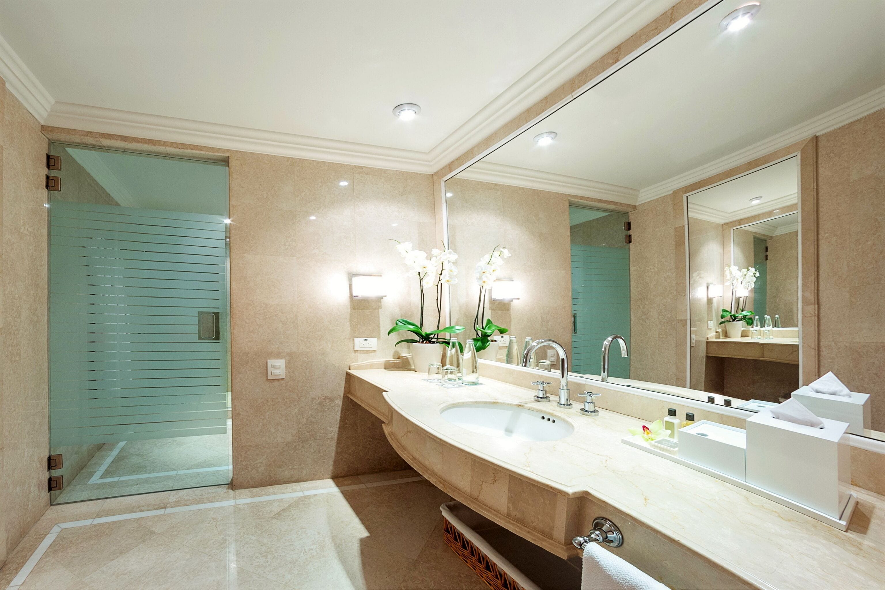grand suite | bathroom | shower, rainfall showerhead, designer toiletries, hair dryer