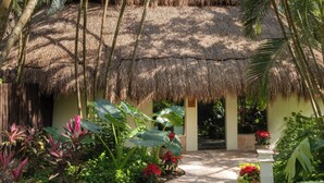 A thatched-roof structure with a stone pathway leading to it, surrounded by lush tropical plants and palm trees. - Iberostar Waves Cozumel - All Inclusive (Cozumel)
