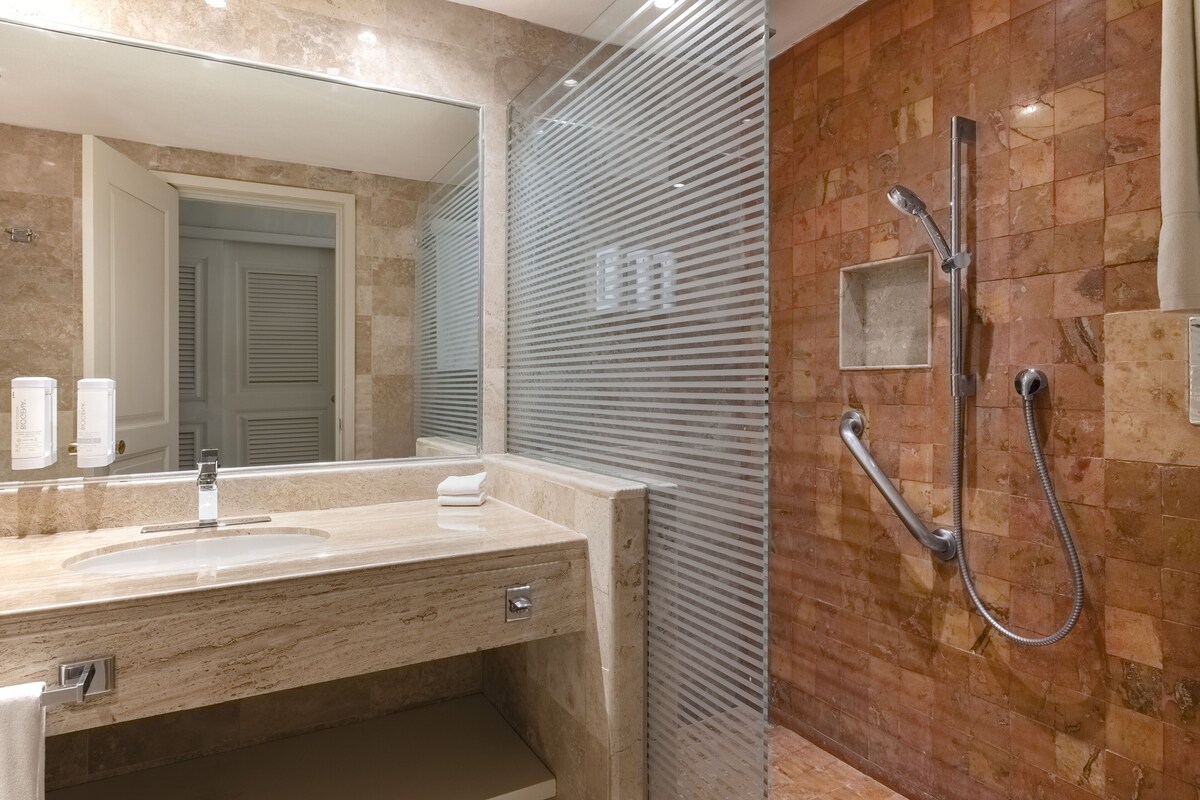 Shower, eco-friendly toiletries, hair dryer, towels