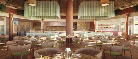 A spacious dining area with high ceilings, wicker furniture, and a central bar.