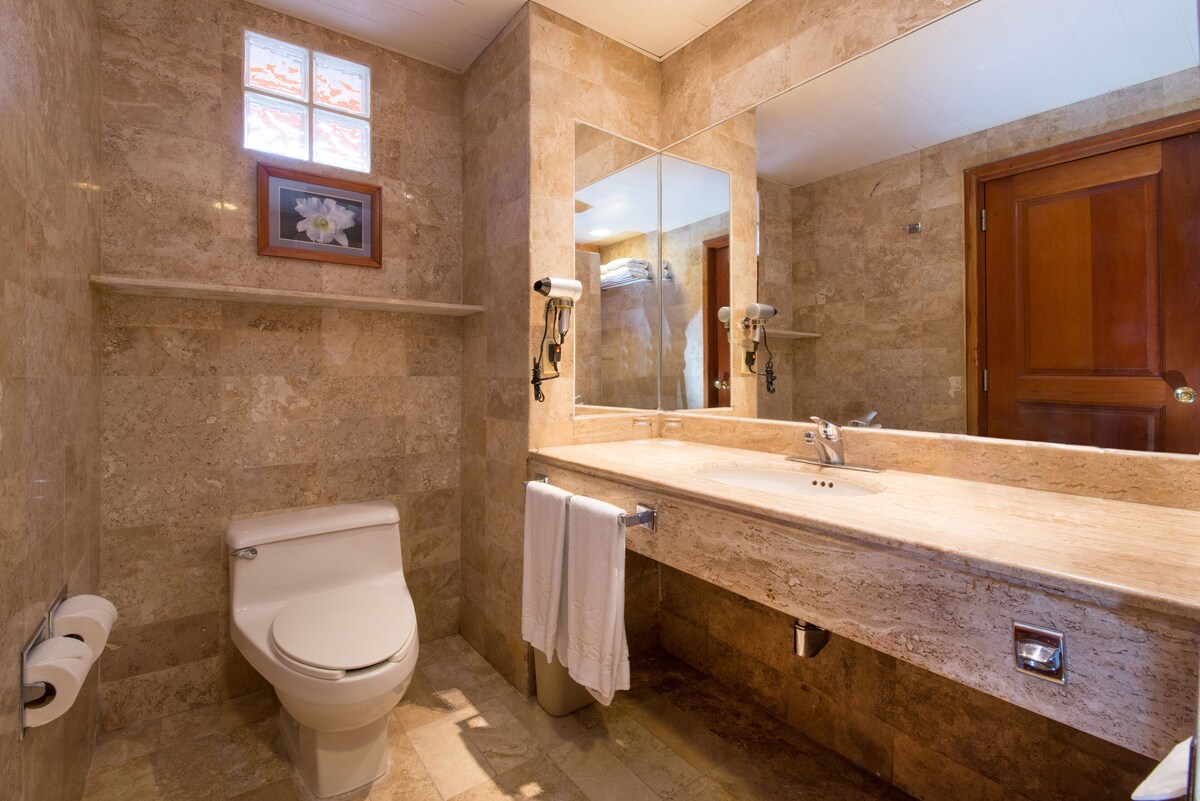 Shower, eco-friendly toiletries, hair dryer, towels