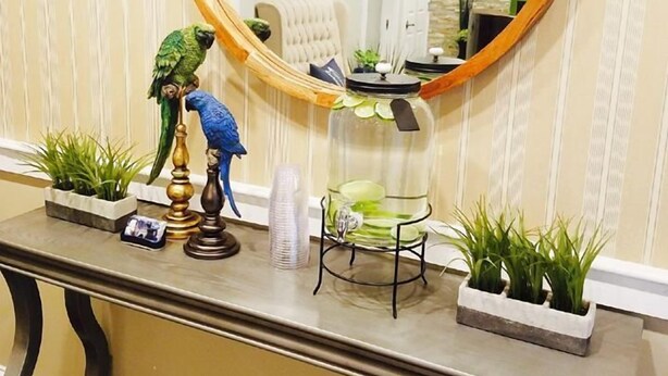 Un meuble-lavabo de salle de bain avec un miroir, deux plantes en pot, une statuette d’oiseau décorative et un récipient en verre contenant une tranche de citron vert.