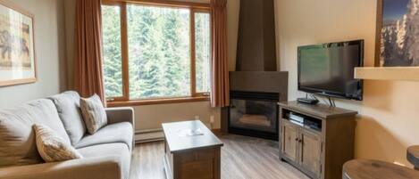 A living room with a sofa, coffee table, fireplace, TV, and a window with curtains.