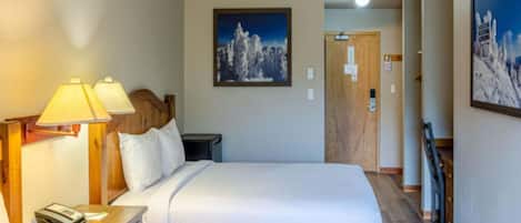 A hotel room with a bed, bedside lamps, a nightstand, a telephone, and a framed picture on the wall.