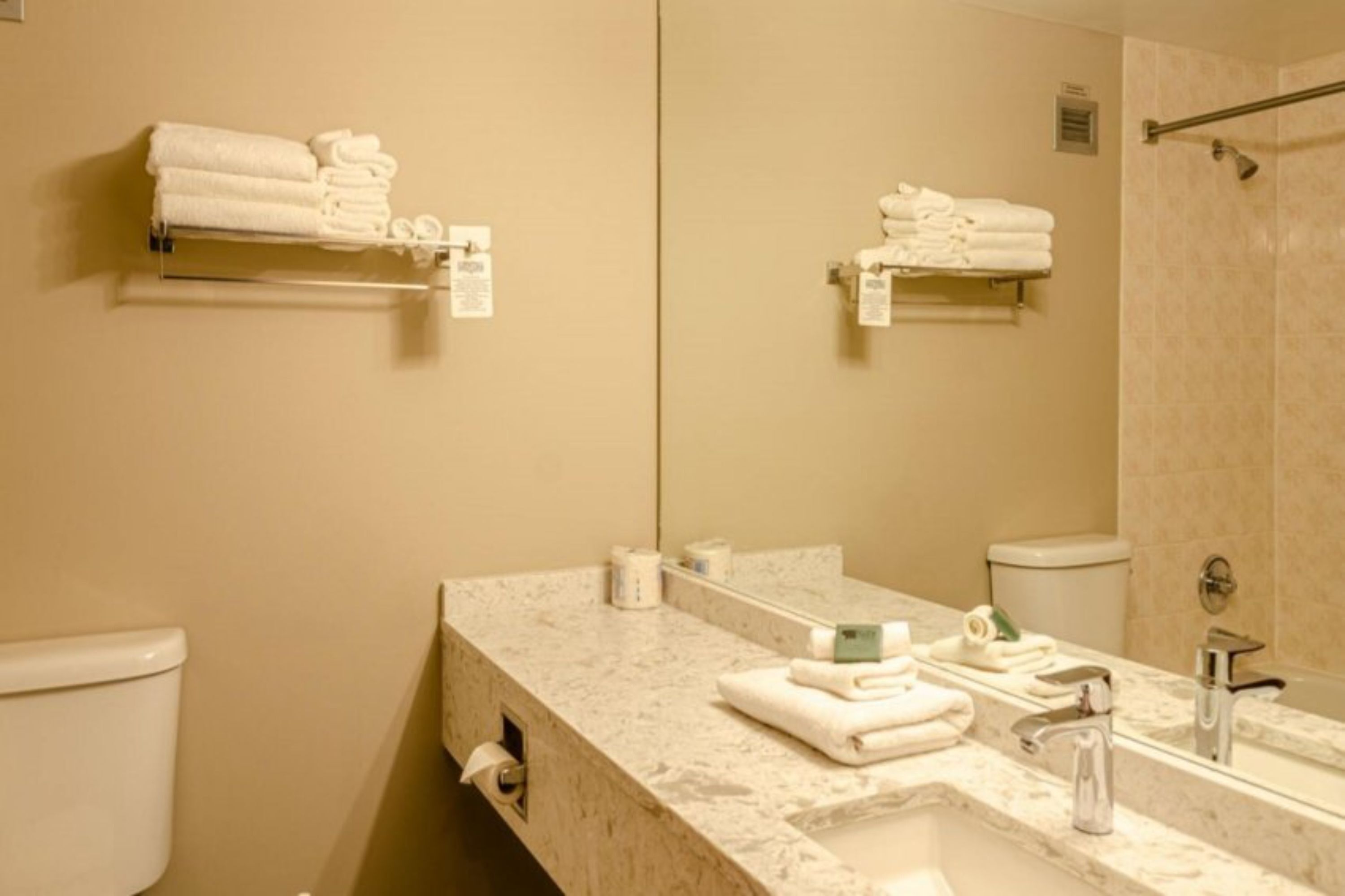 A bathroom with a marble sink, a large mirror, and two towel racks with folded towels.