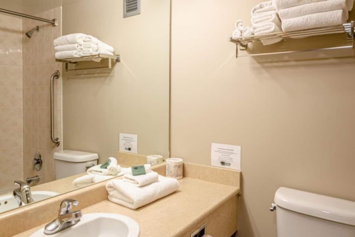 Combined shower/tub, designer toiletries, hair dryer, towels