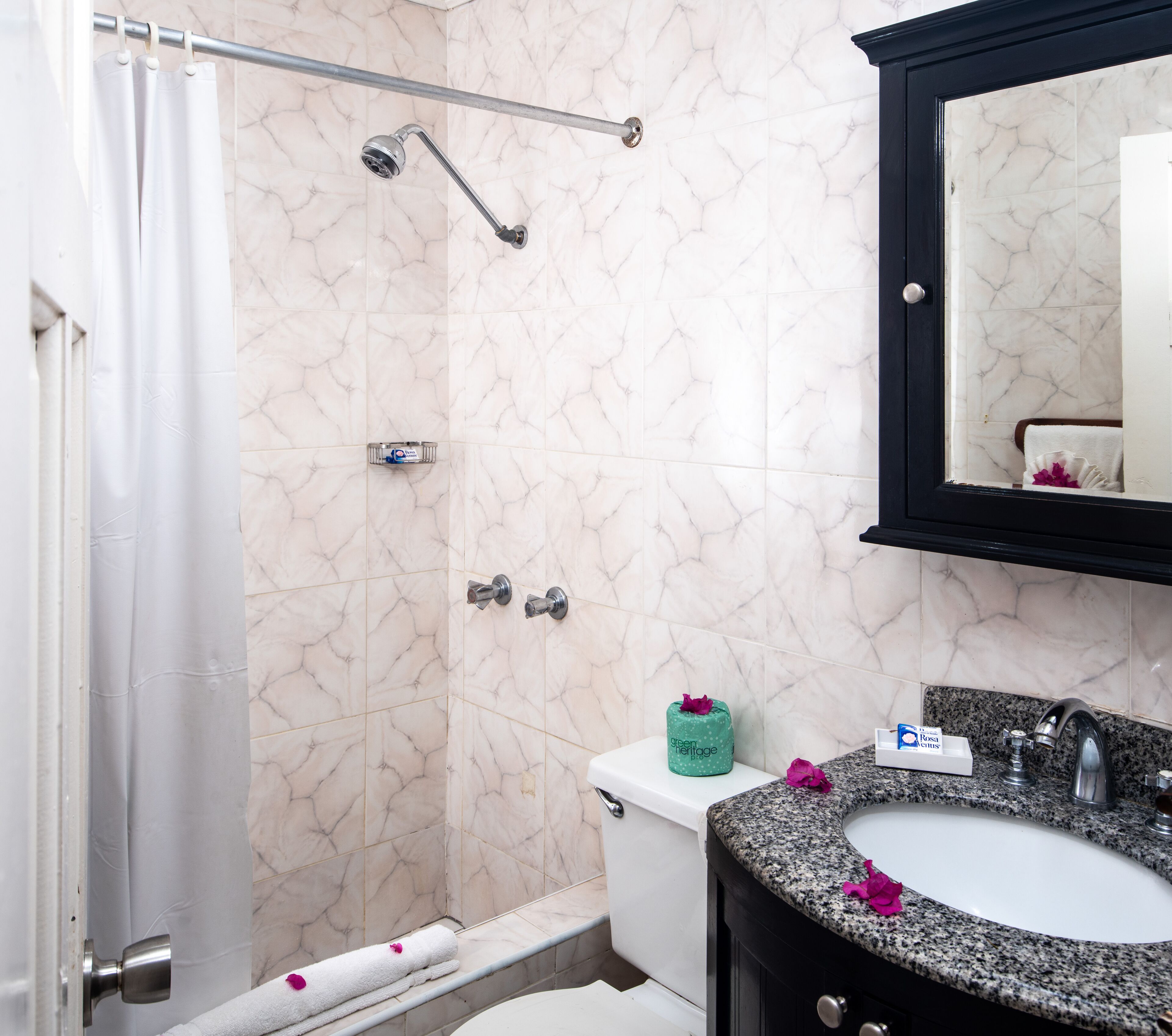 A bathroom with a shower, toilet, sink, and a mirror.