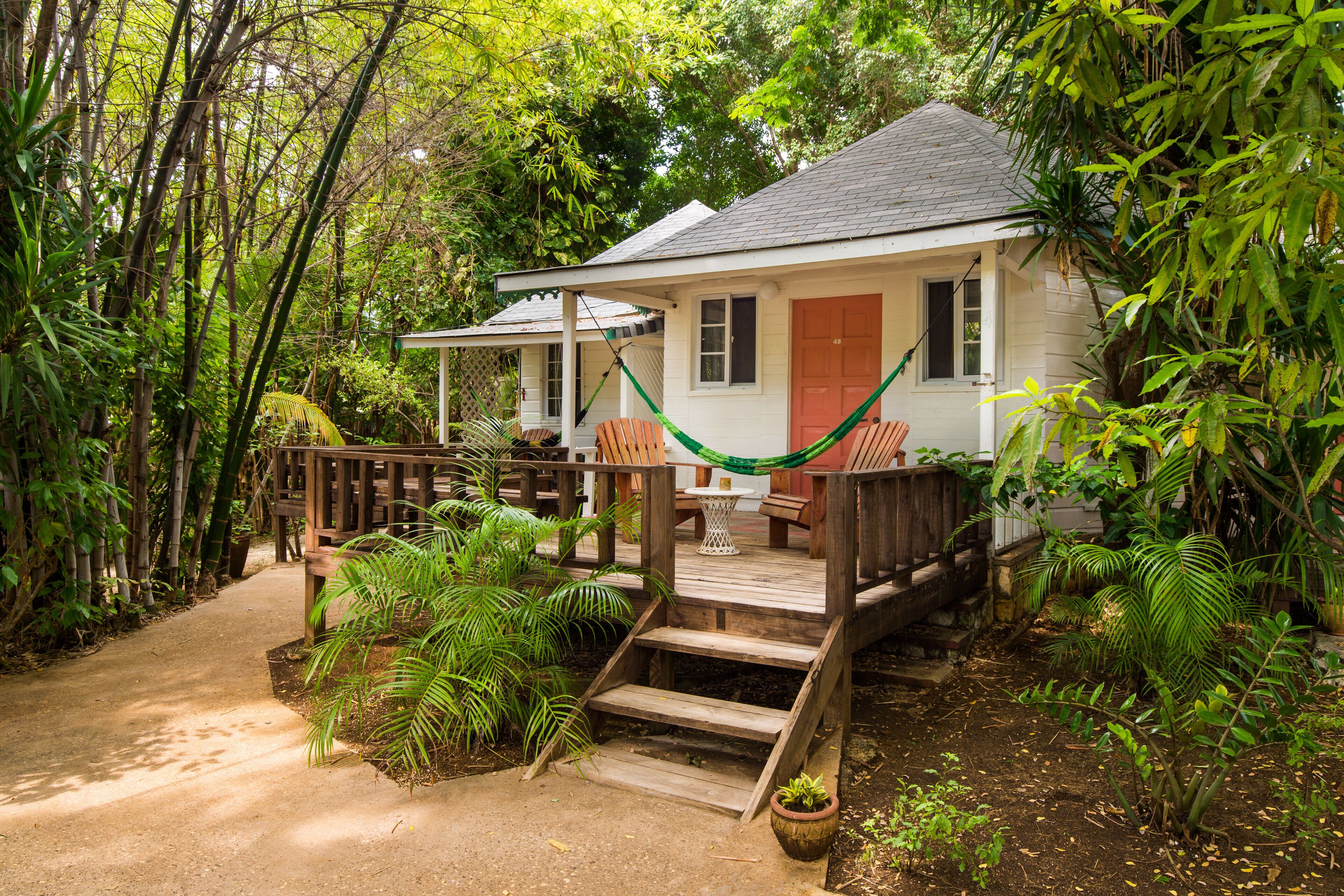 A white house with a porch, surrounded by lush greenery and bamboo.