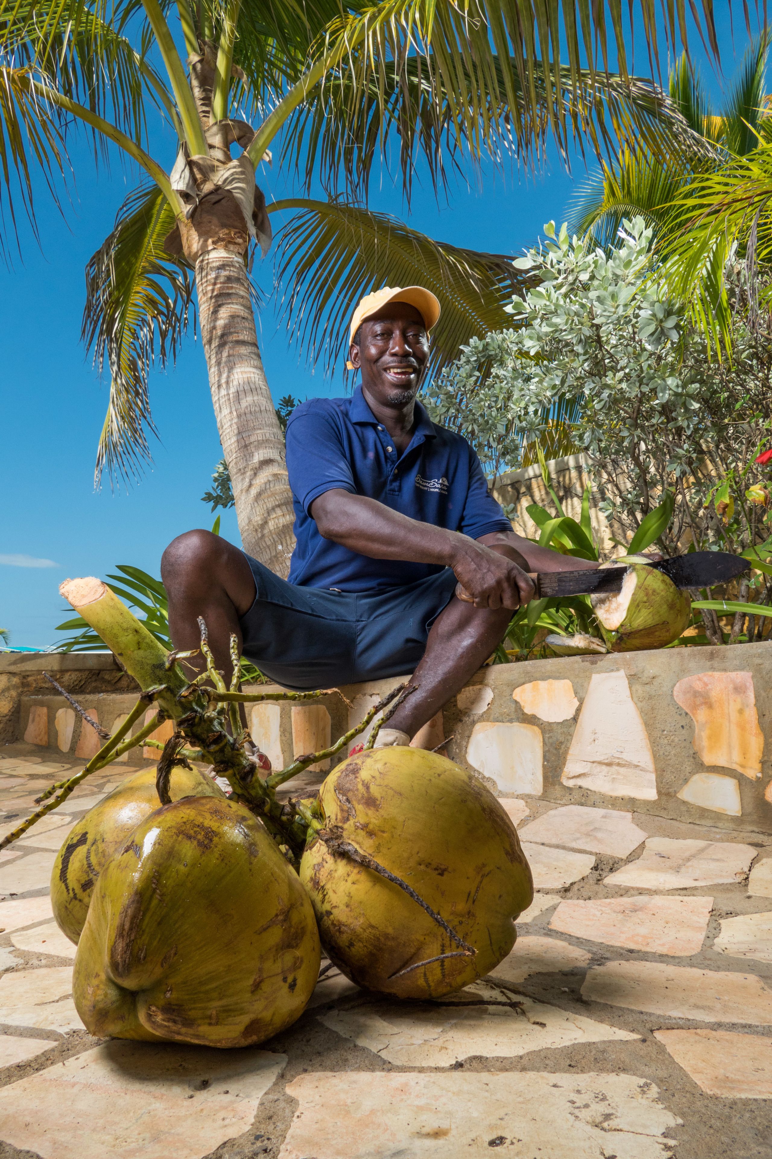 Un hombre sentado en un banco de piedra con cocos grandes y una palmera al fondo.