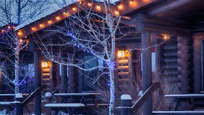 A log cabin with a porch, snow-covered steps, and string lights.