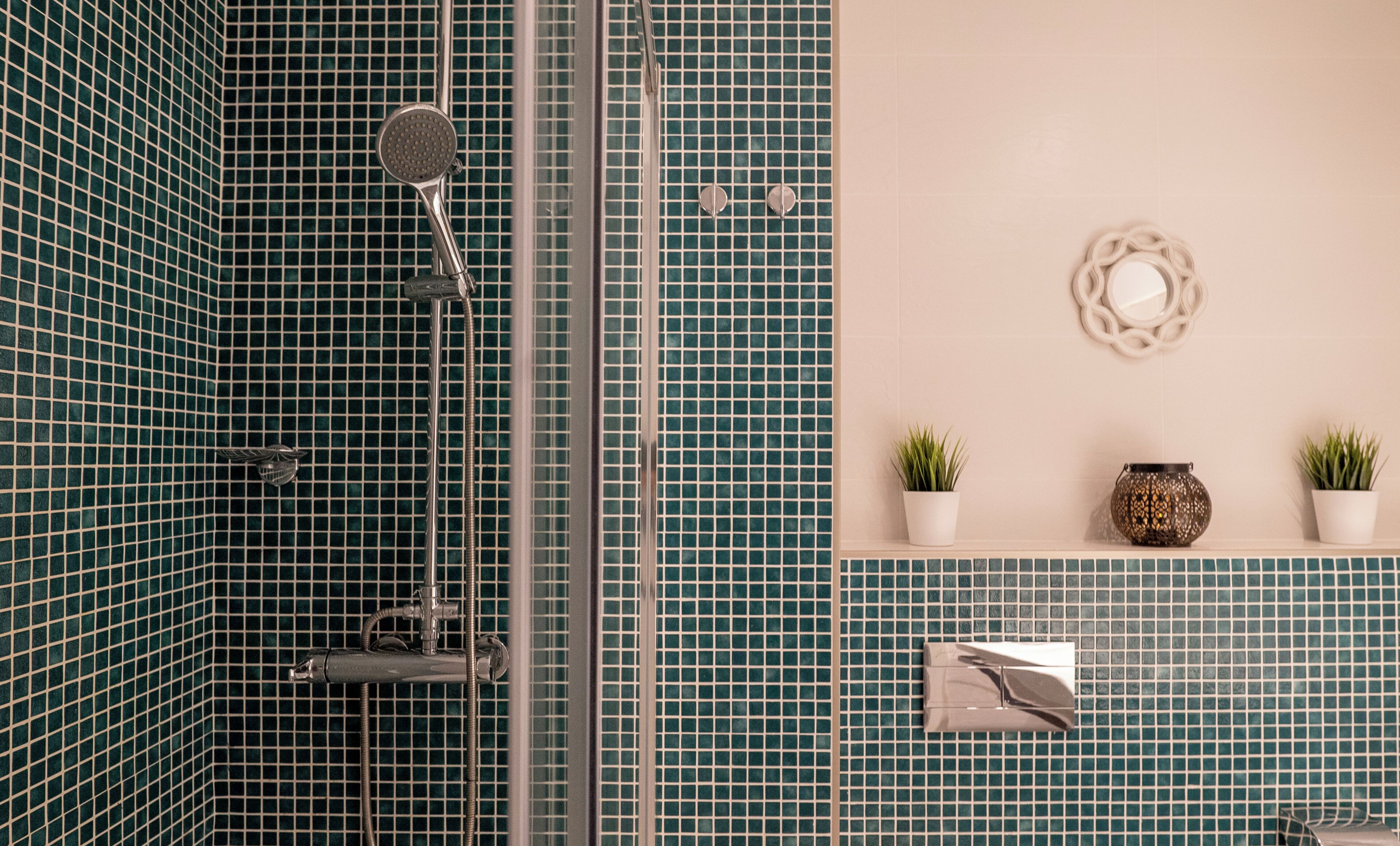 A bathroom with a shower, a sink, and a mirror. There are two potted plants on a shelf.
