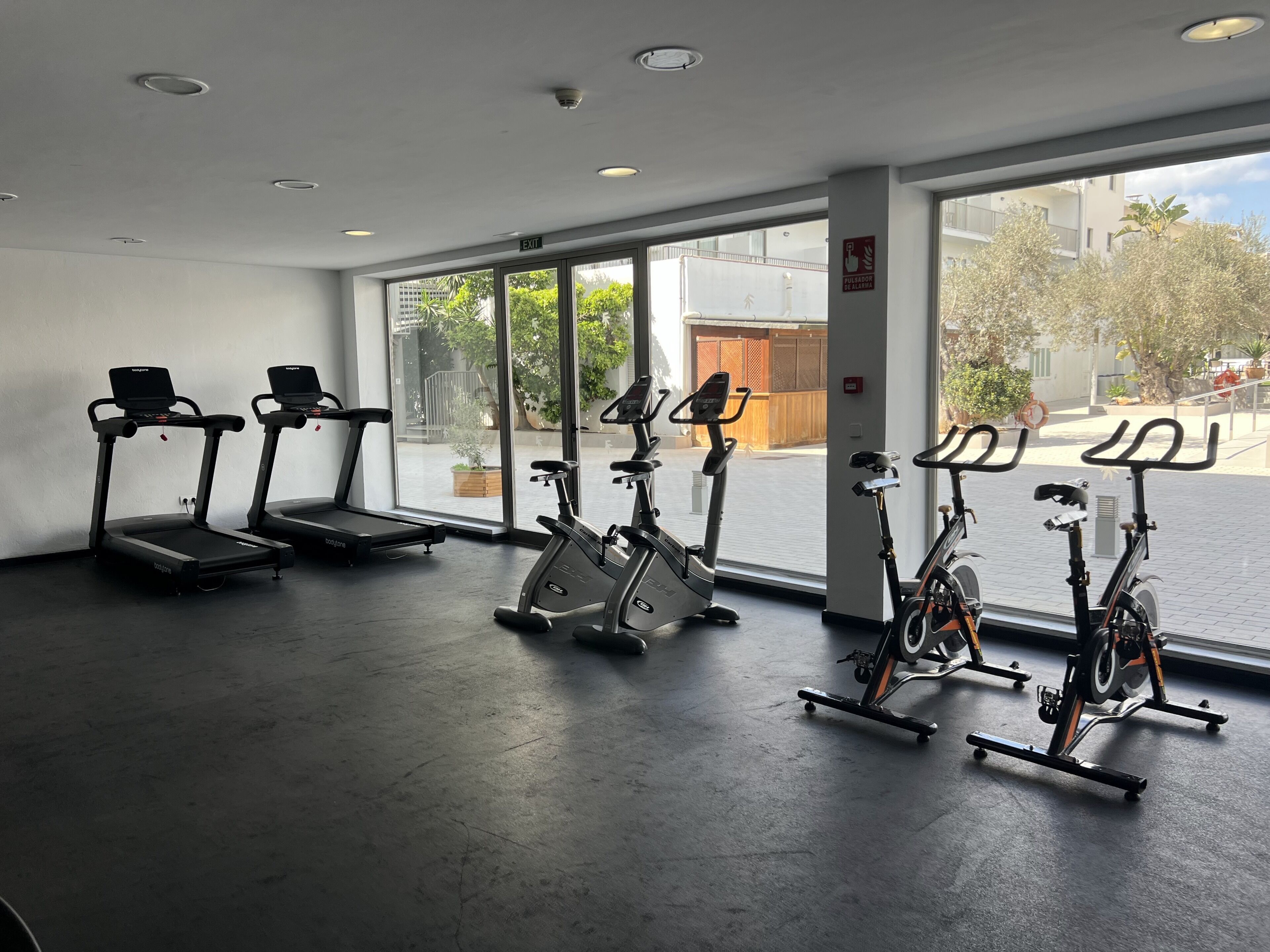 Un gimnasio con cintas de correr, bicicletas estáticas y un ventanal con vistas al exterior.