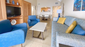 Suite, 2 Bedrooms, Kitchen, Ocean View | Living area | 32-inch LCD TV with satellite channels, TV - The Royal Sea Aquarium Resort (Willemstad)