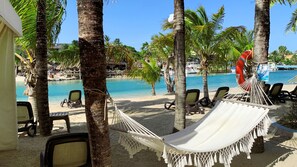 Private beach, white sand, sun-loungers, beach towels