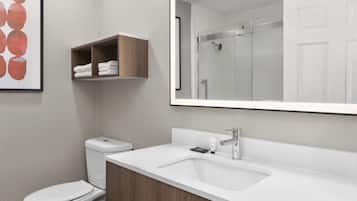 Combined shower/tub, free toiletries, hair dryer, towels