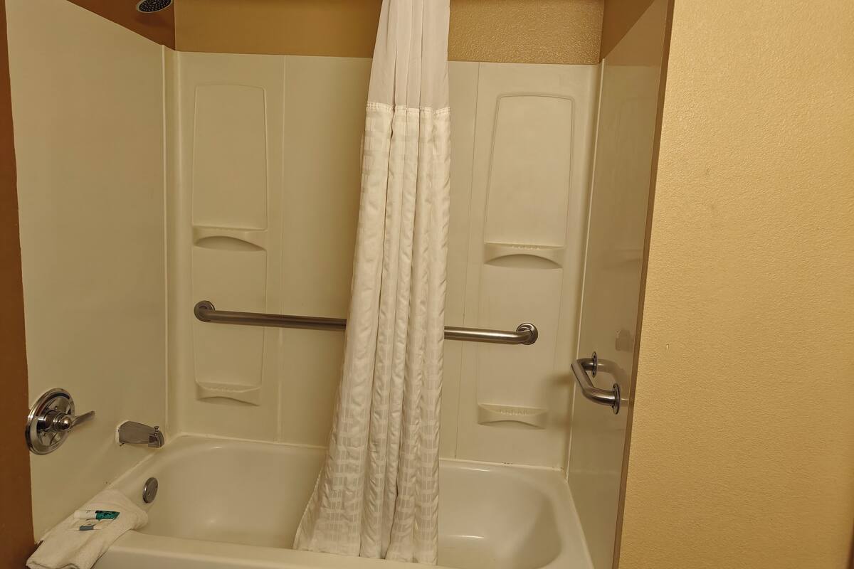 combined shower/bathtub, free toiletries, hair dryer, towels