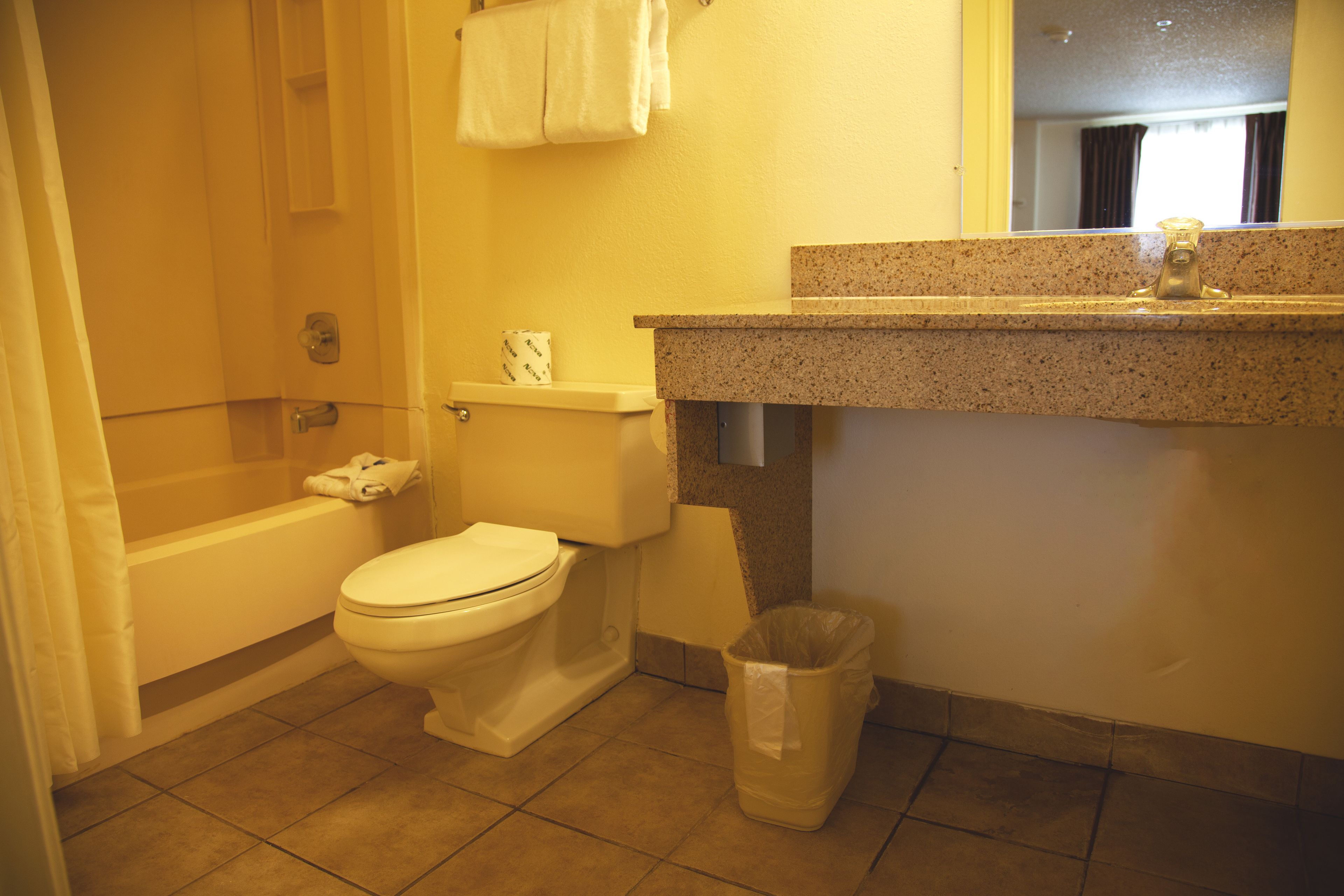 Un baño con inodoro, lavabo y cubo de basura.