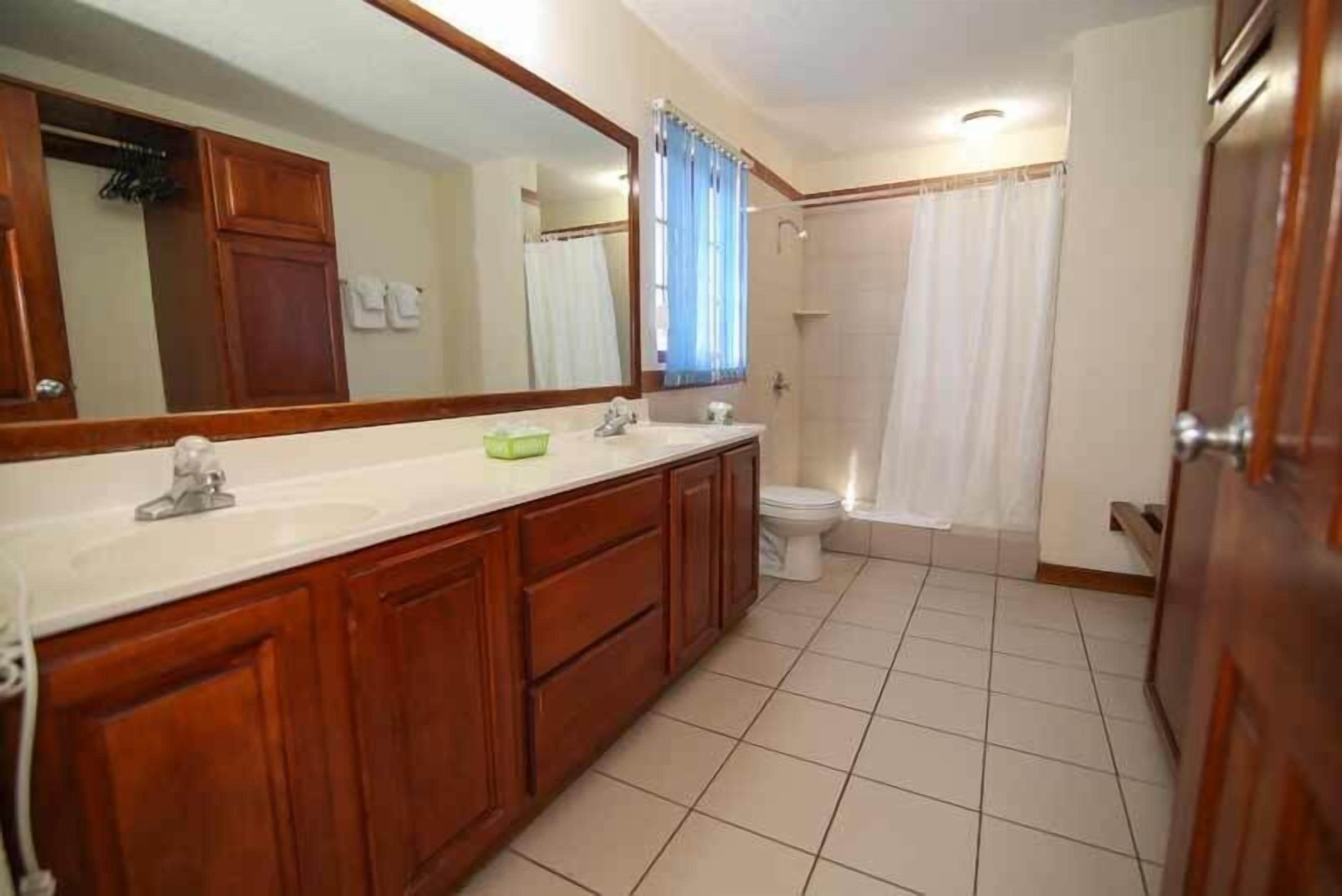 Un baño con tocador de madera, un espejo grande, inodoro y zona de ducha.