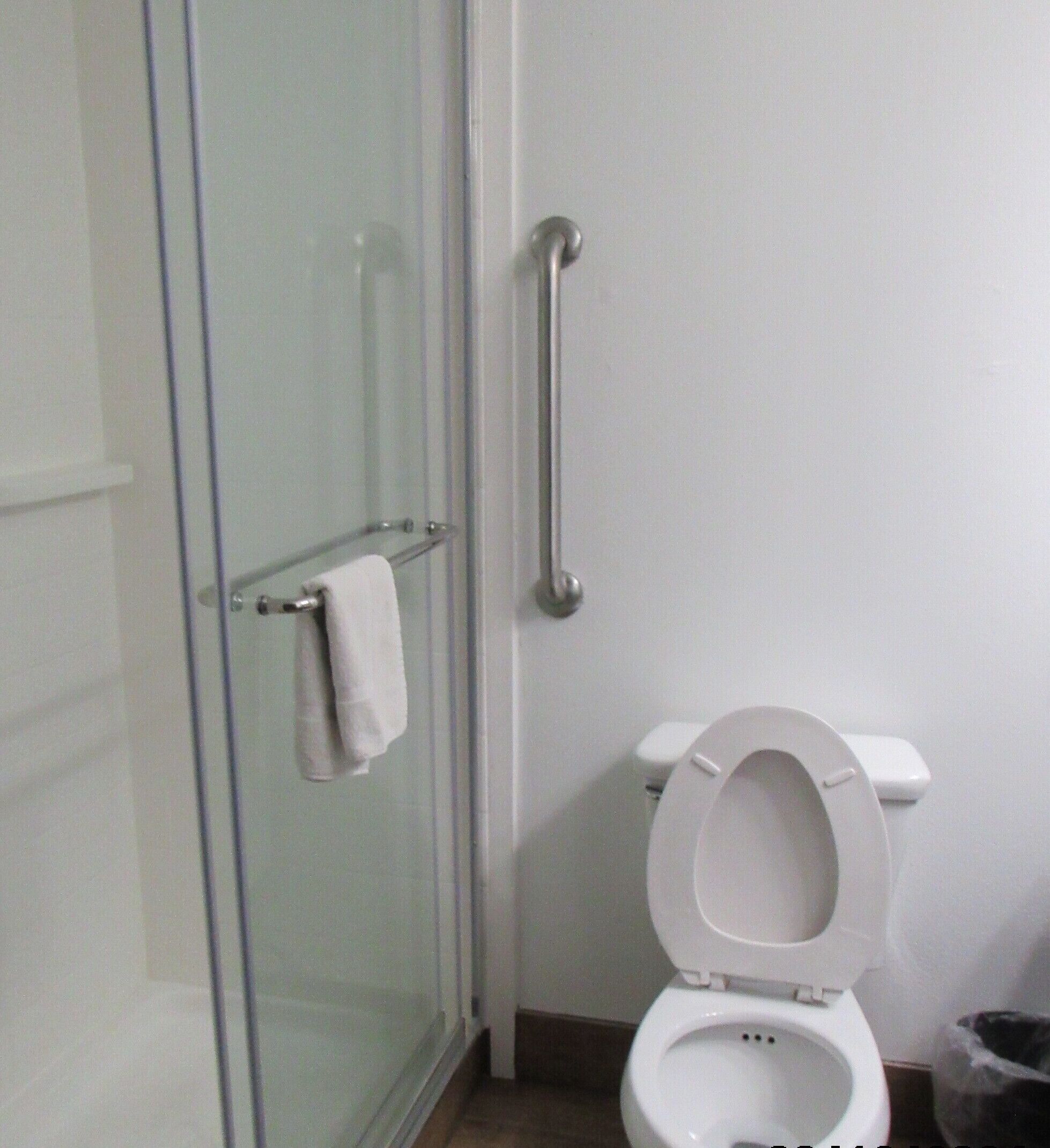 Un baño con cabina de ducha de vidrio, inodoro blanco y barra de apoyo.