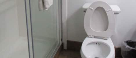 Un baño con cabina de ducha de vidrio, inodoro blanco y barra de apoyo.