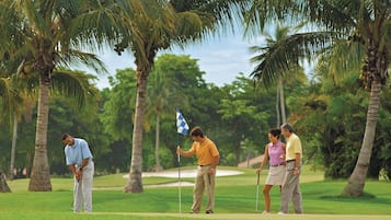 Un parcours de golf bordé de palmiers et surmonté d’un mât de drapeau.