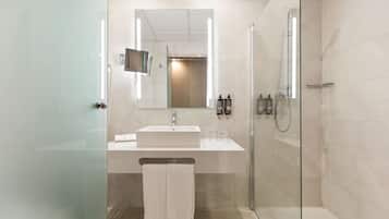 Eco-friendly toiletries, hair dryer, towels