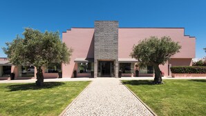 Un edificio moderno con un ingresso centrale, un vialetto lastricato e due alberi simmetrici.