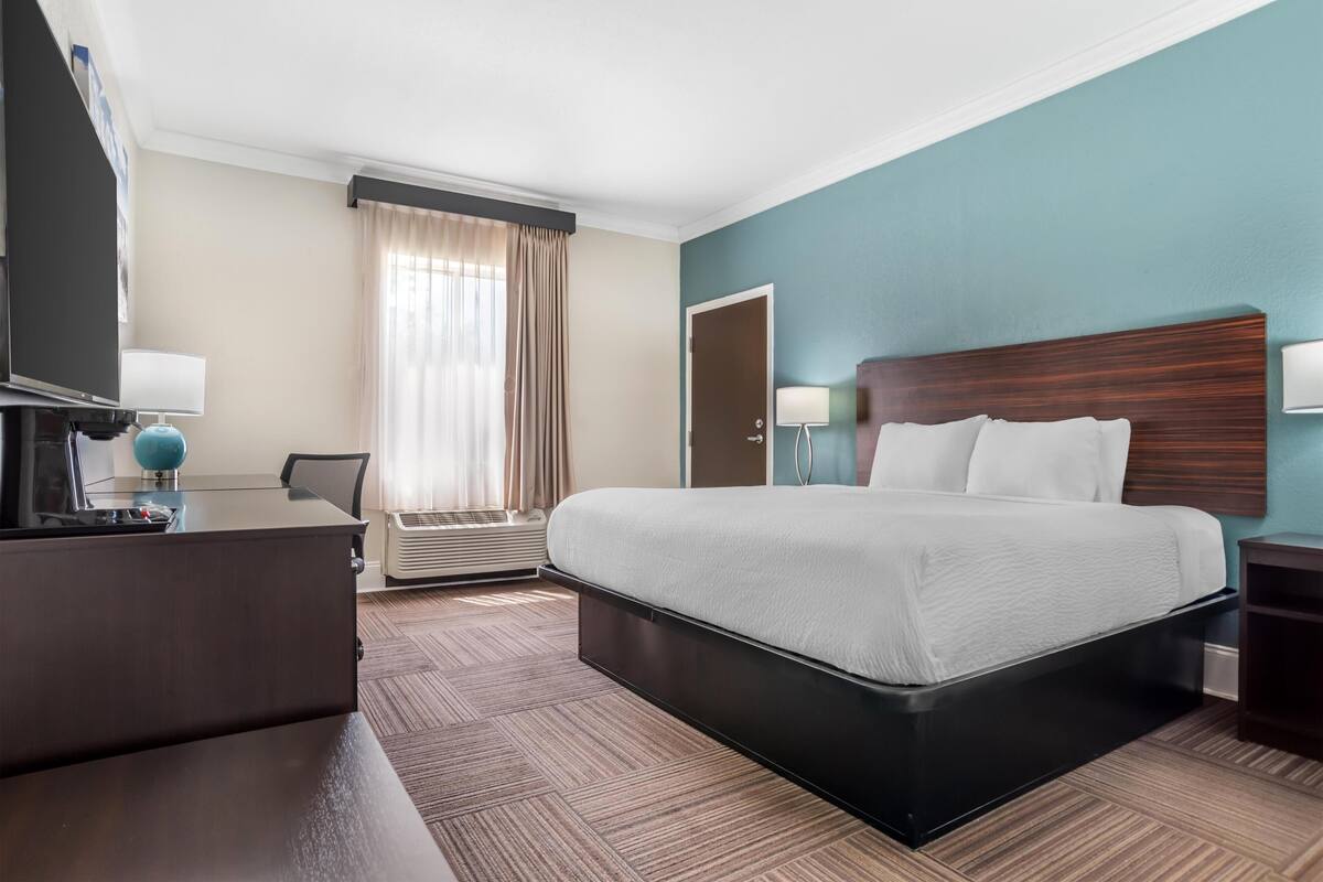 A hotel room with a bed, desk, chair, and a television.