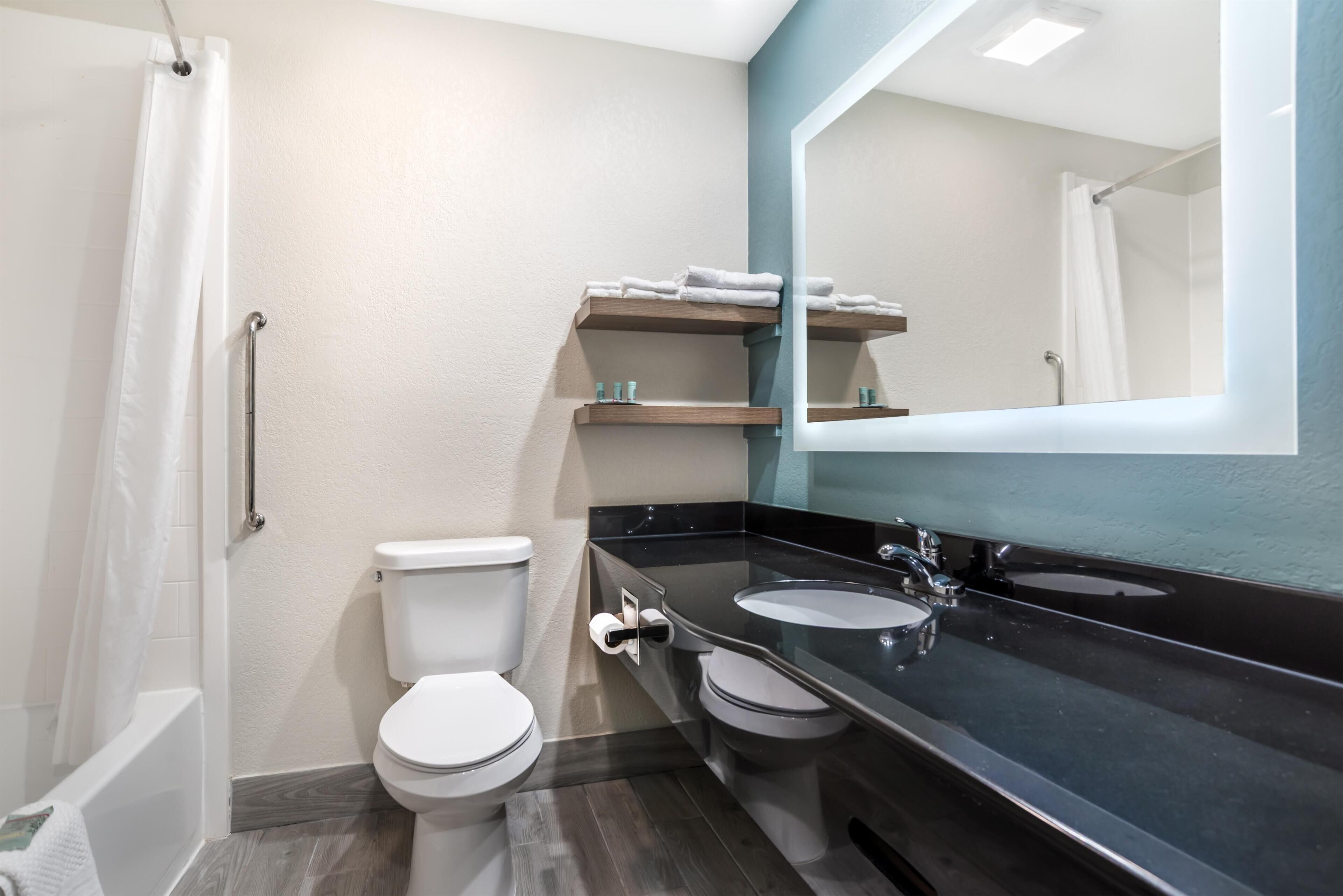 Une salle de bain avec une baignoire, deux toilettes, un lavabo et un miroir.