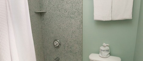 Un baño con ducha, bañera, inodoro y un perchero para toallas.