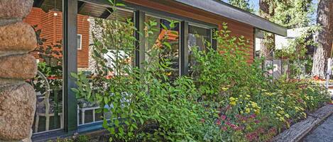 Un edificio moderno con amplias ventanas, una pared de piedra y un jardín con diversas plantas y flores.