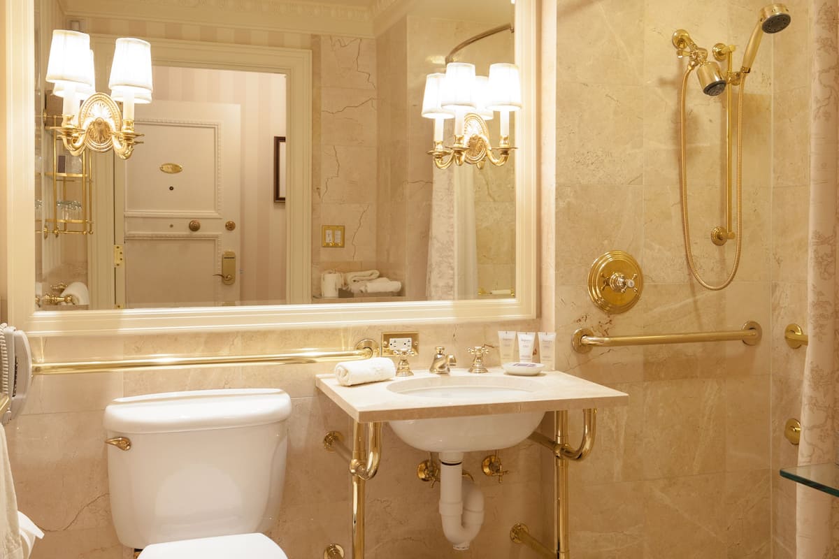 combined shower/bathtub, designer toiletries, hair dryer, bathrobes