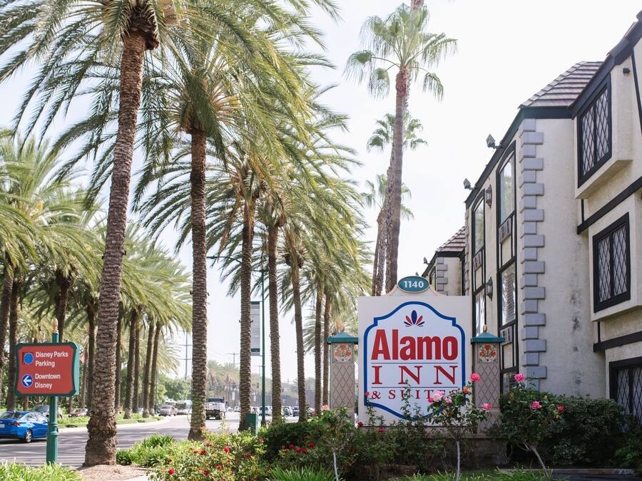 A sign for Alamo Inn & Suites with a clear view of the building's architecture and surrounding palm trees.