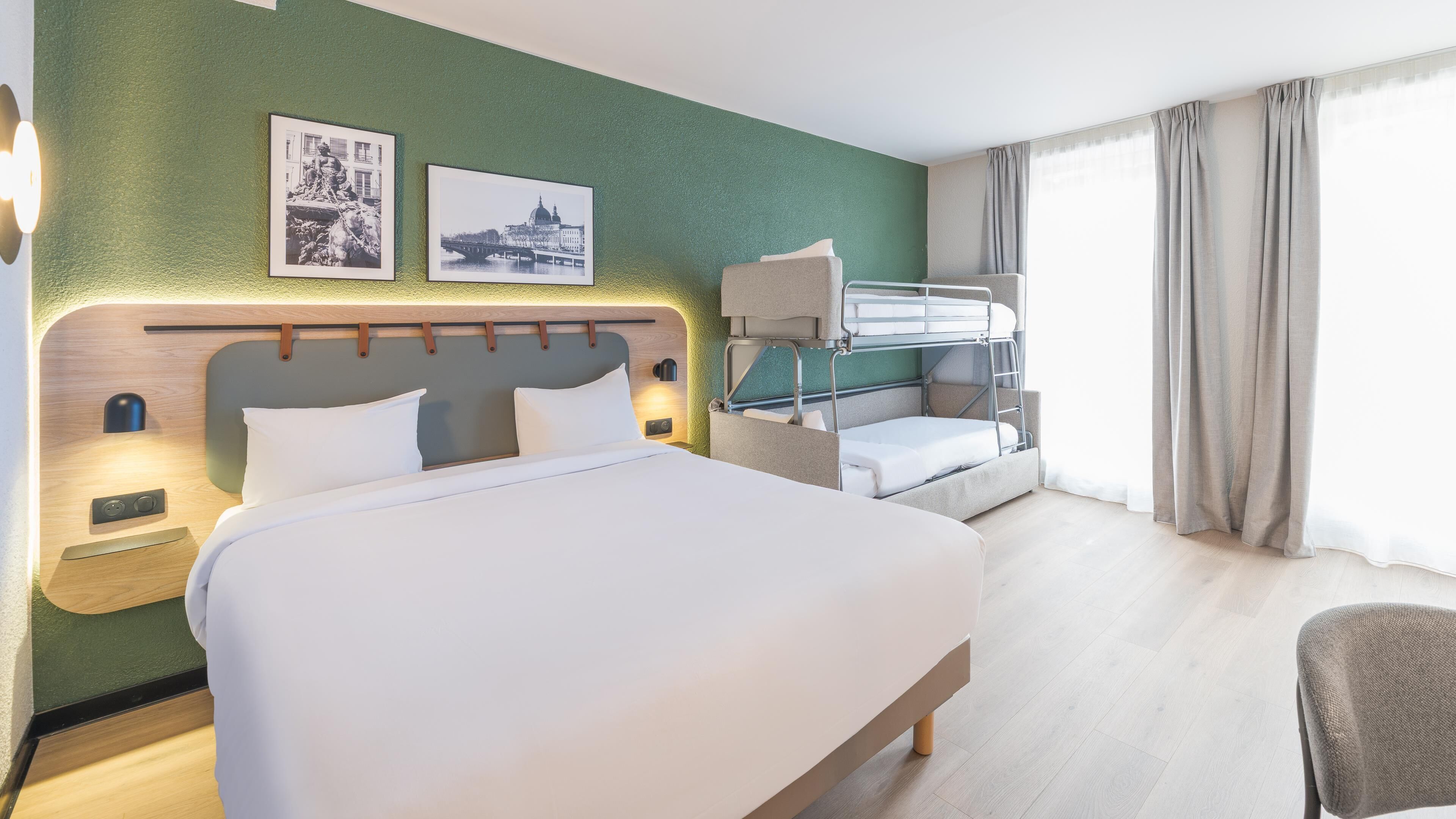 Premium bedding, desk, laptop workspace, blackout curtains