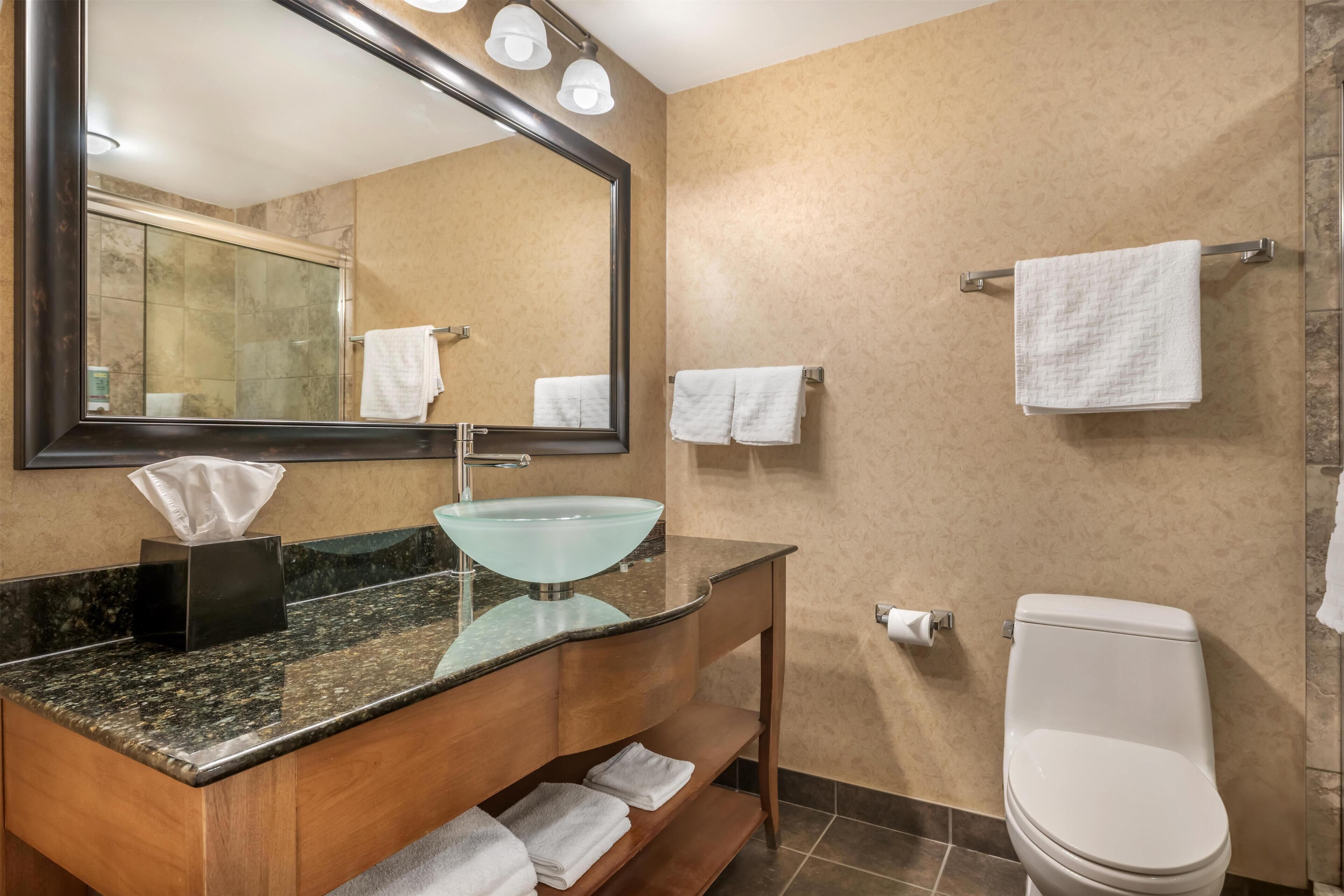 A modern bathroom with a glass sink, wooden vanity, a large mirror, and a toilet.
