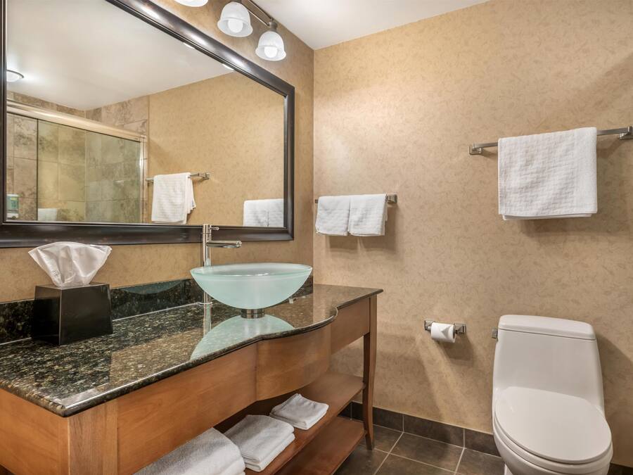 A modern bathroom with a glass sink, wooden vanity, a large mirror, and a toilet.