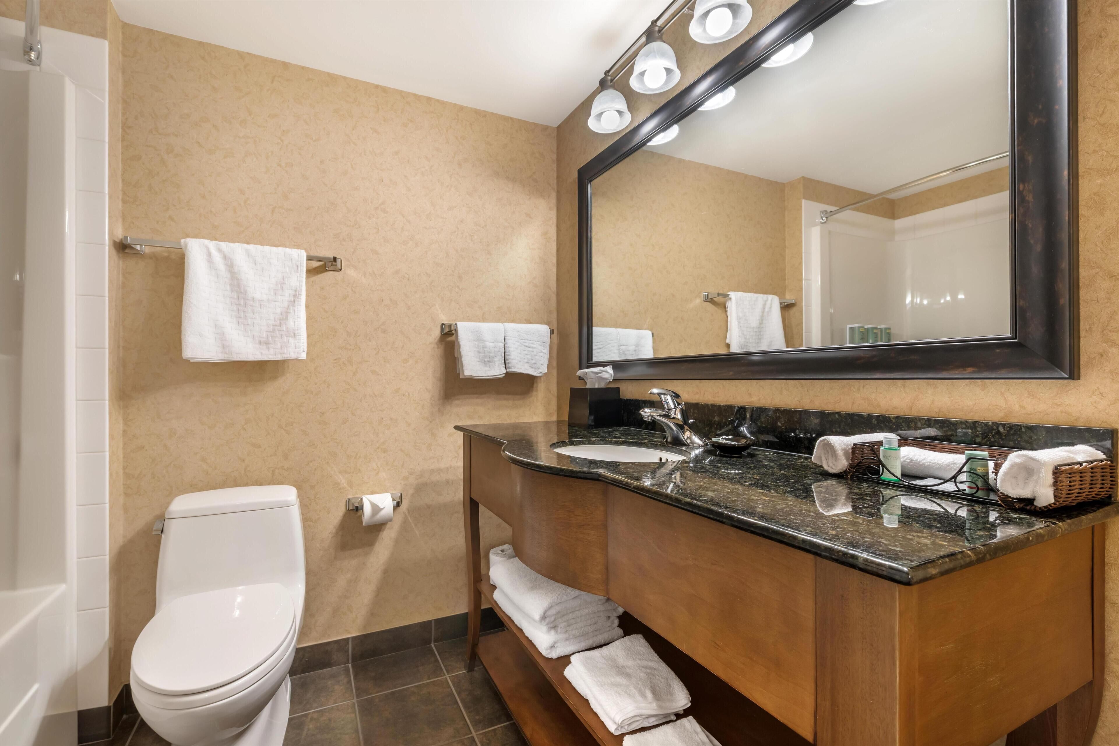 Une salle de bain moderne avec des toilettes blanches, un lavabo surmonté d’un miroir et des serviettes soigneusement disposées sur un porte-serviettes.
