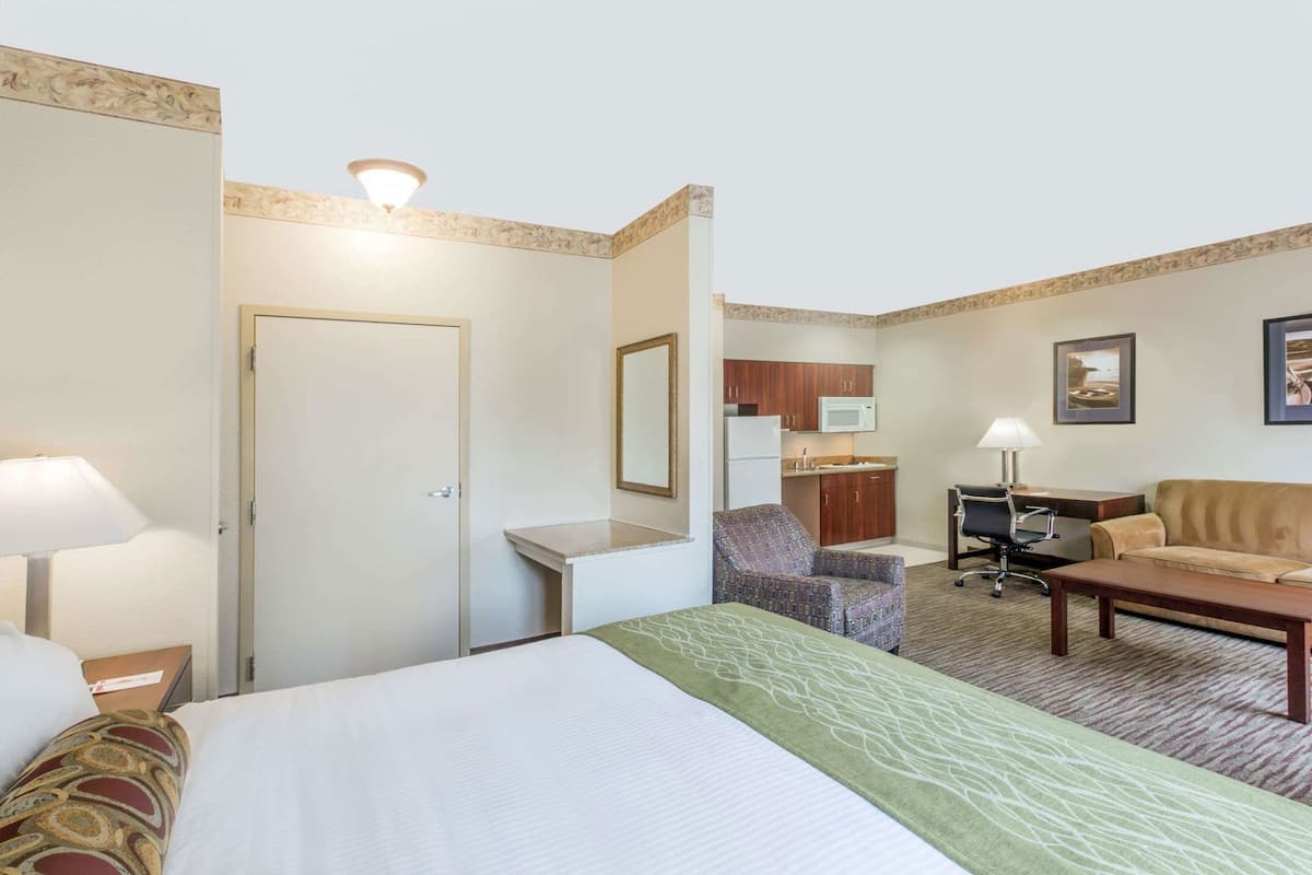 Ett hotellrum med en säng, ett skrivbord, en stol, en soffa, ett litet kök och ett badrum.