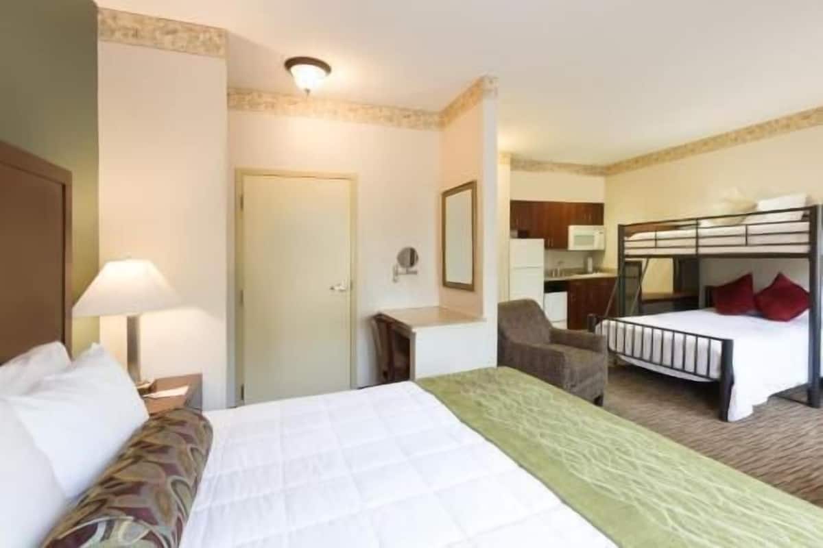 Ropa de cama hipoalergénica y caja de seguridad en la habitación