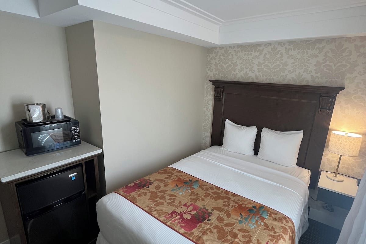 A hotel room with a bed, a desk with a microwave, a small refrigerator, a nightstand with a lamp, and a ceiling light.