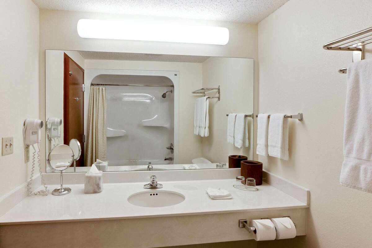 combined shower/bathtub, eco-friendly toiletries, hair dryer, towels