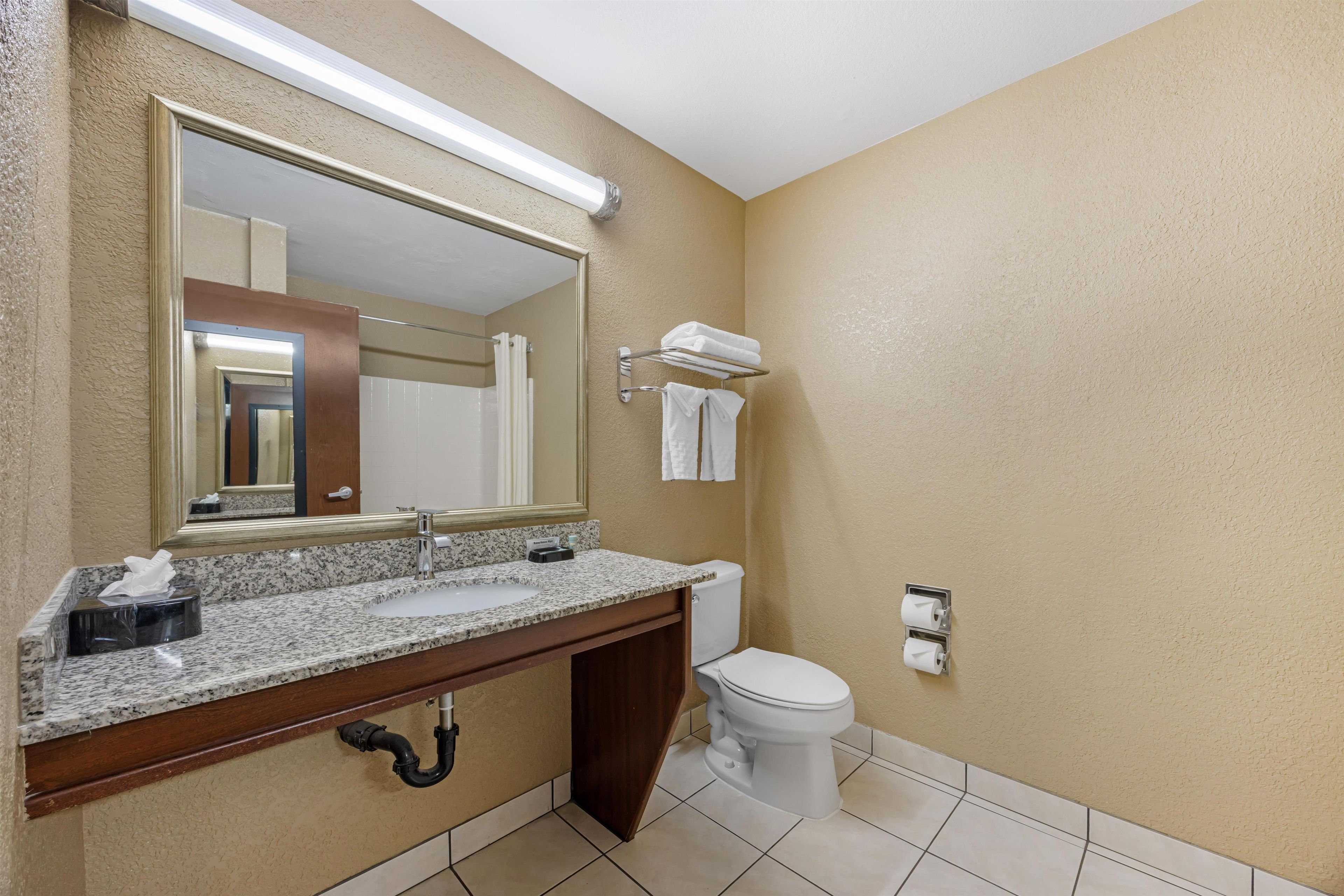 A bathroom with a granite countertop, a mirror, a toilet, and a towel rack.